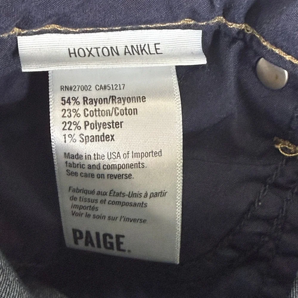 Paige Hoxton Ankle High Rise Skinny Distressed Jeans Dark Indigo Size 26 USA